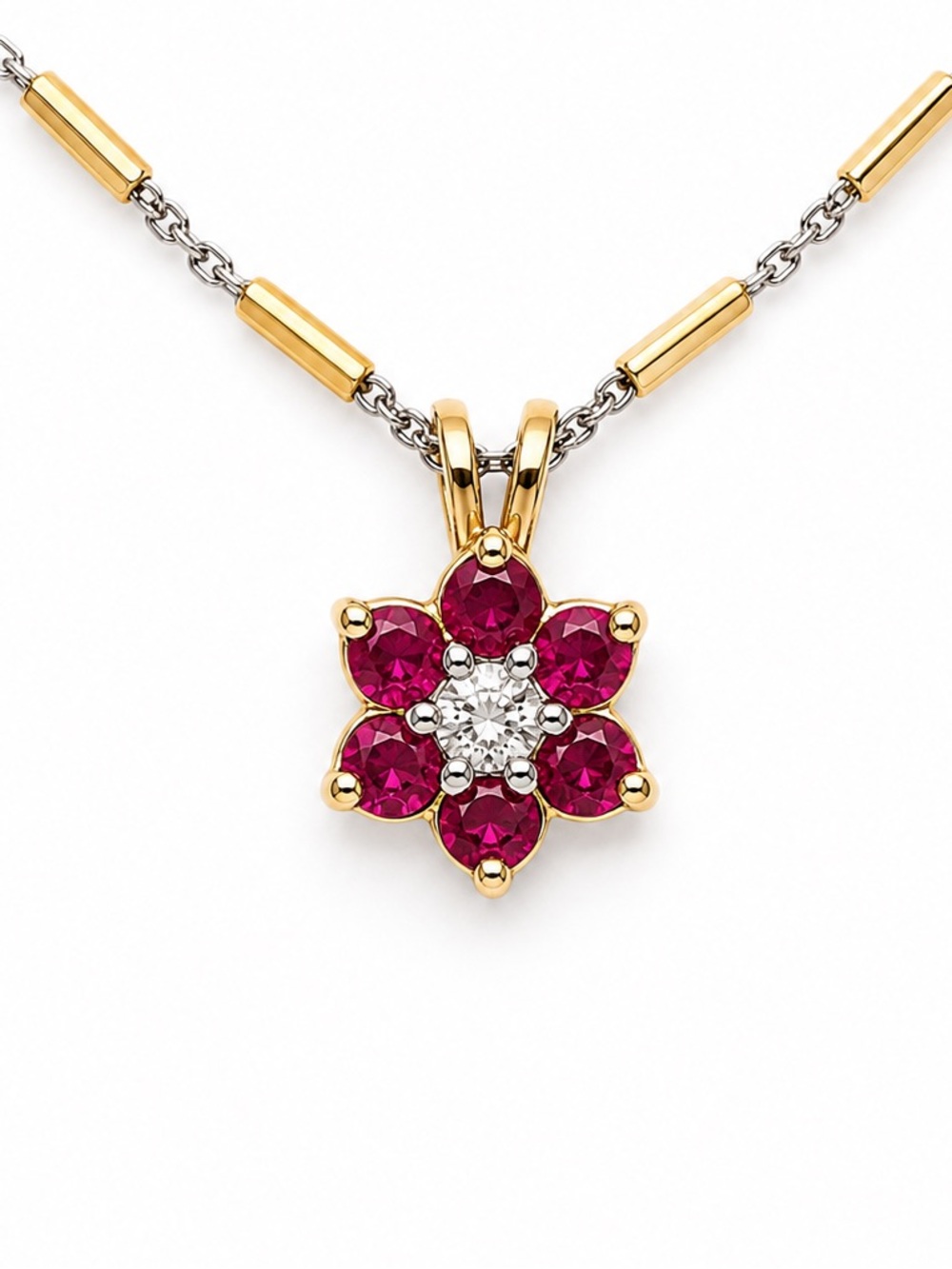 Solid 10K Yellow Gold Natural Ruby & Diamond Flower Pendant Dainty Estate Charm